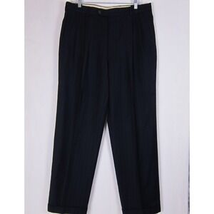VTG Jos A Bank Pants Mens 36L Black Wool Cashmere Pinstripe Pleated Cuffed